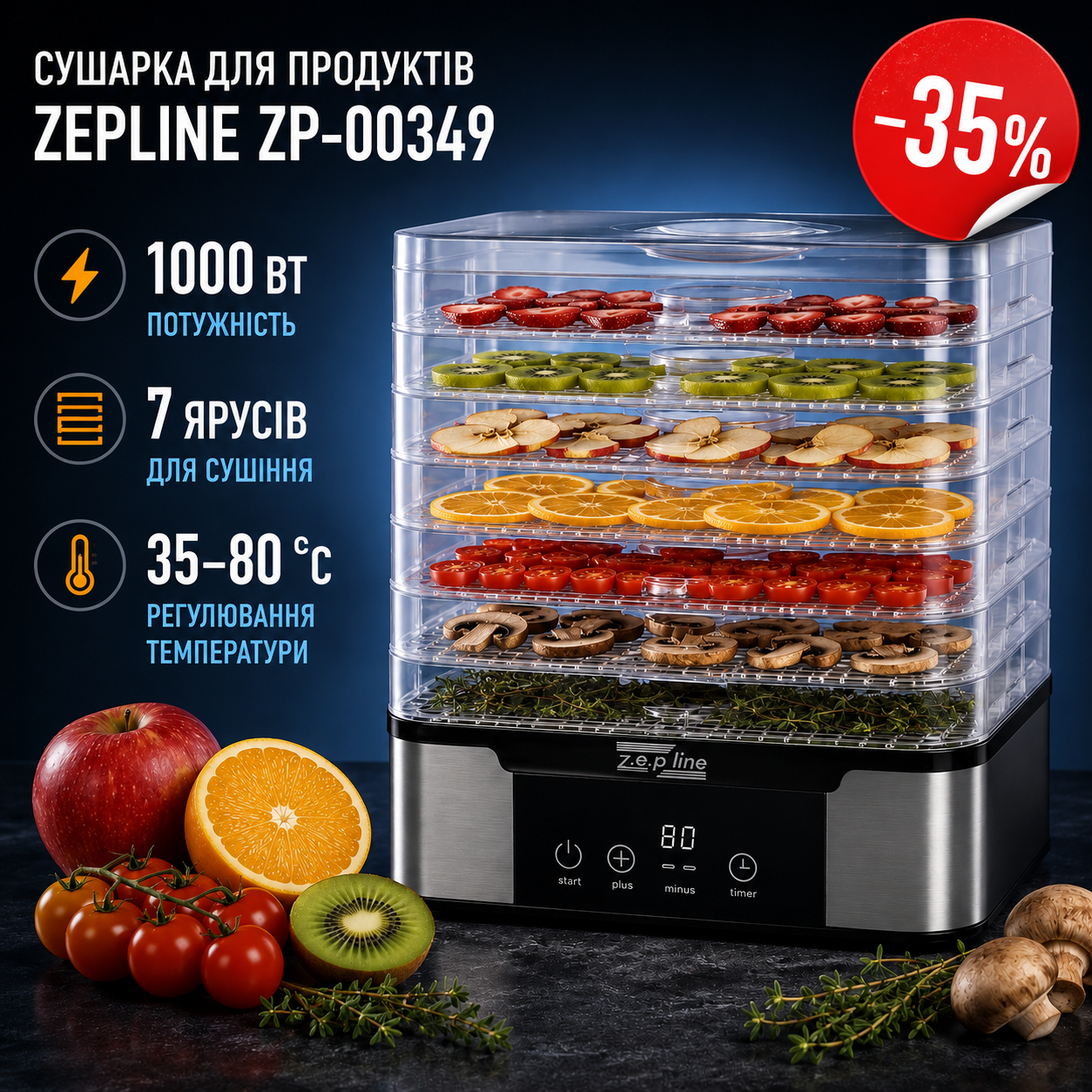 Сушарка-дегідратор Zepline ZP-00349, 1000 Вт, 7 ярусів, 35–80°C