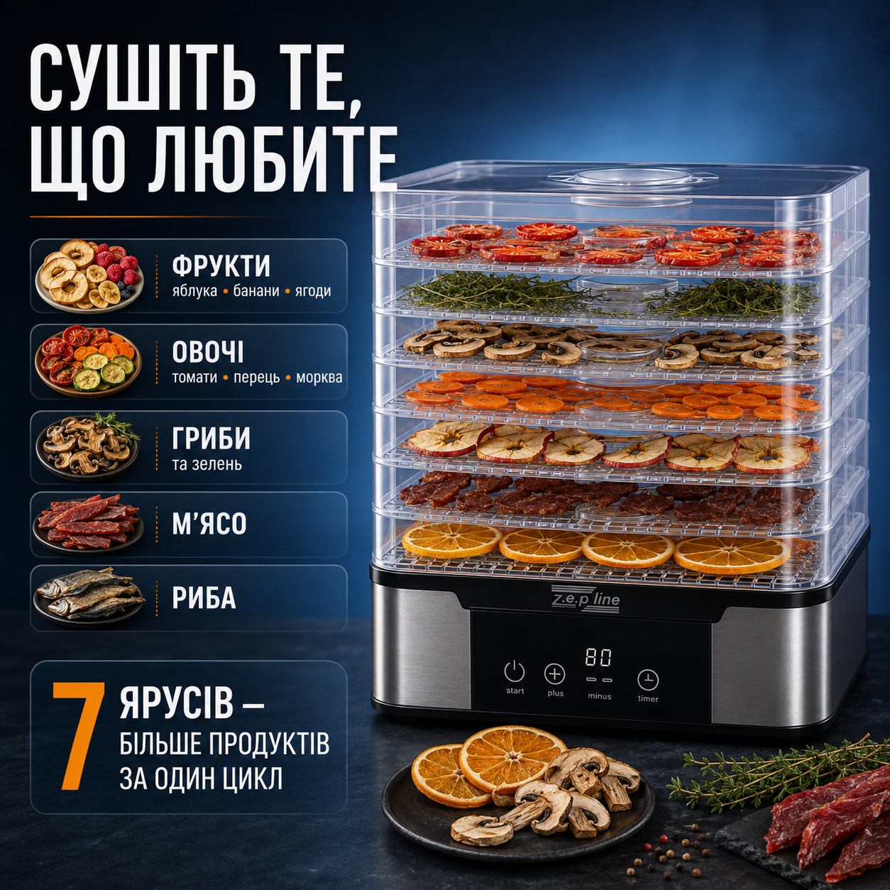 Категорії продуктів для сушарки Zepline: фрукти, овочі, гриби, зелень, м'ясо, риба