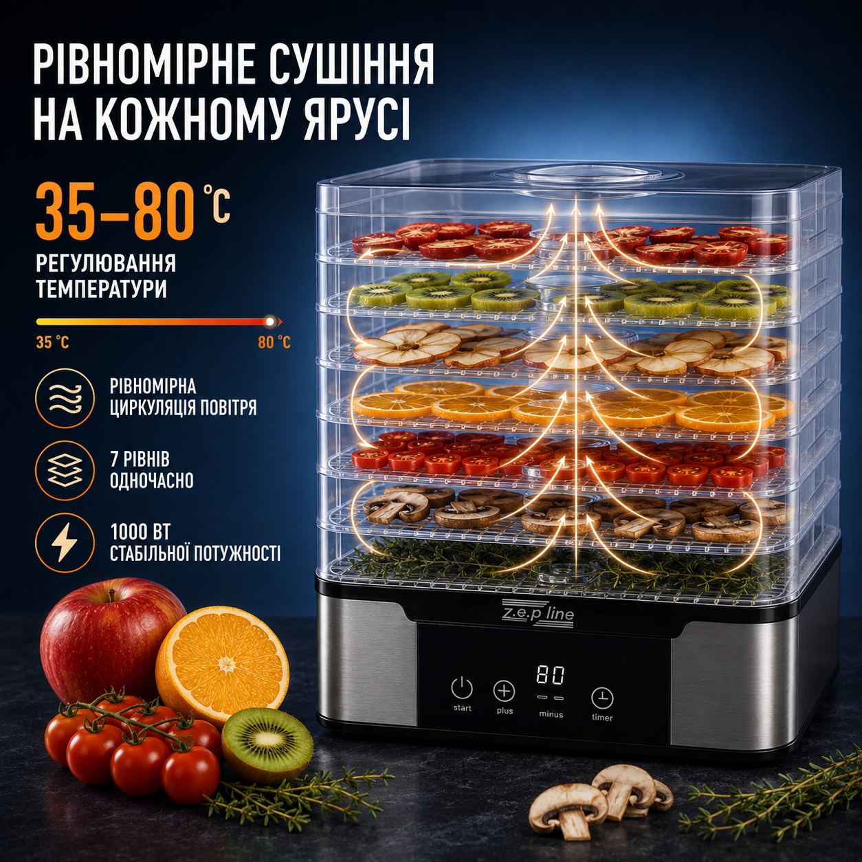 Циркуляція теплого повітря на всіх 7 ярусах сушарки Zepline ZP-00349